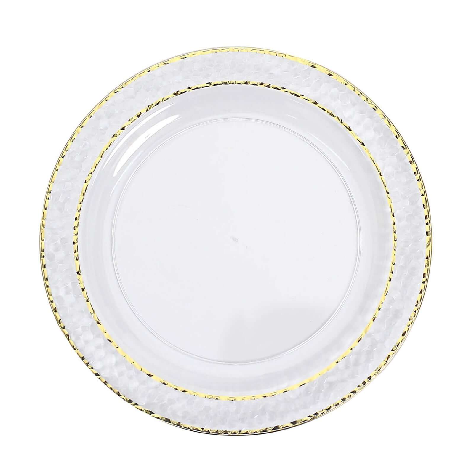 10-Pack Plastic 7.5" Round Appetizer Plates in Clear Hammered Design with Gold Rim - Disposable Salad Plates for Chic Banquets & Special Occasions