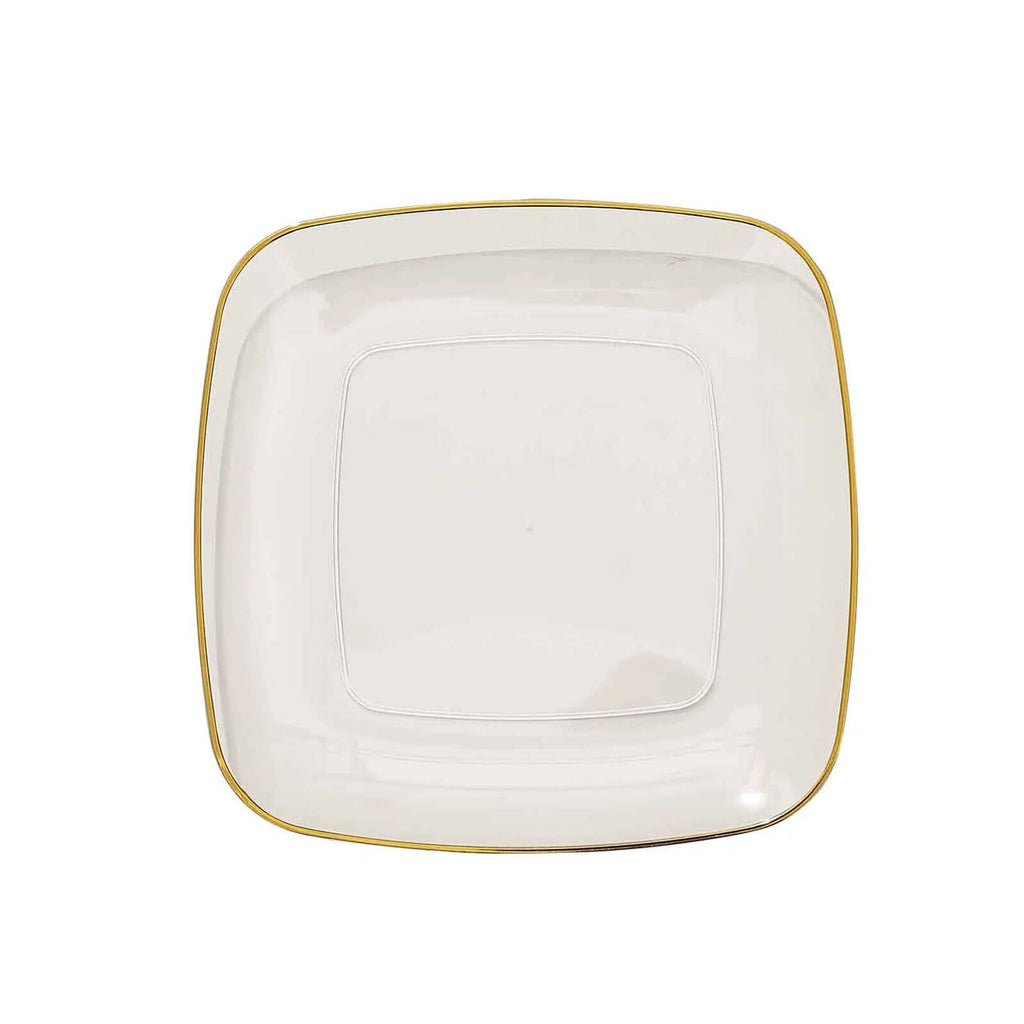 10-Pack Plastic 7" Square Dessert Plates in Clear with Gold Rim - Classy Disposable Appetizer Salad Plates