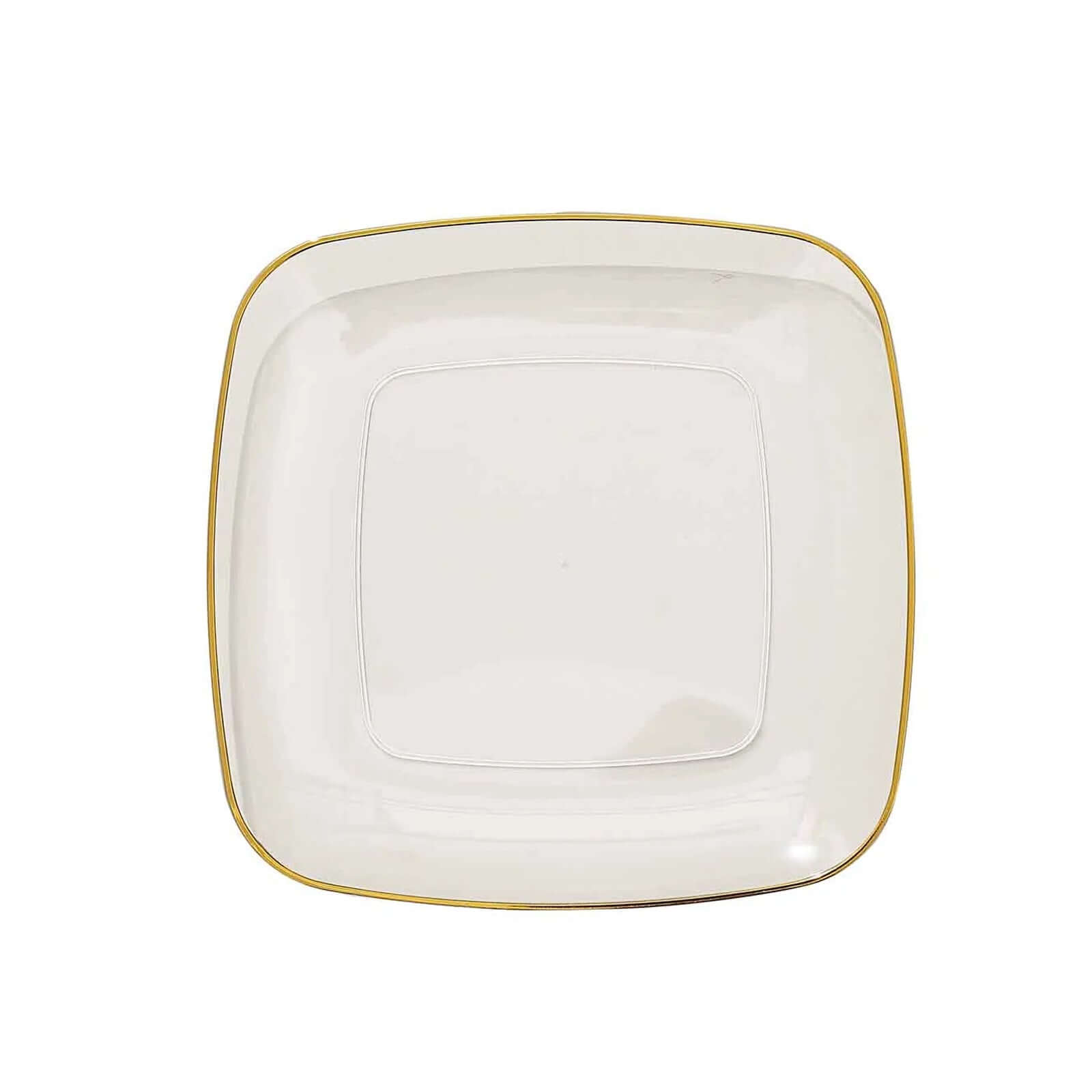 10-Pack Plastic 7" Square Dessert Plates in Clear with Gold Rim - Classy Disposable Appetizer Salad Plates