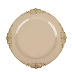 10-Pack Plastic 8" Round Dessert Plates in Taupe with Gold Leaf Embossed Rim - Disposable Vintage Baroque Style Salad Plates