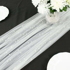 Sheer Tulle 48"x120" Table Runner White Pearl Embellished - Stylish Wedding & Event Table Linen