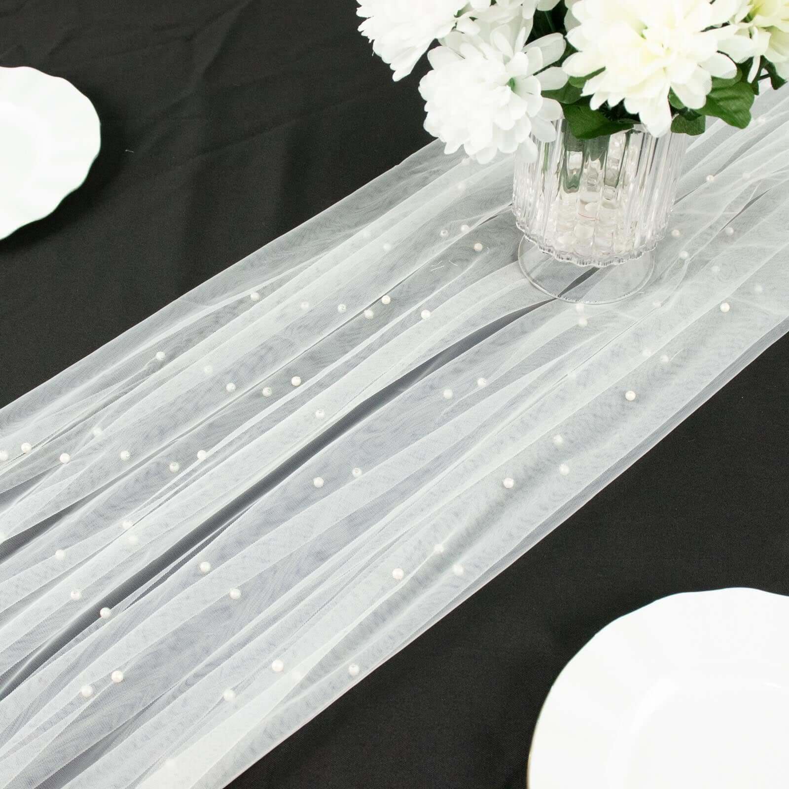Sheer Tulle 48"x120" Table Runner White Pearl Embellished - Stylish Wedding & Event Table Linen