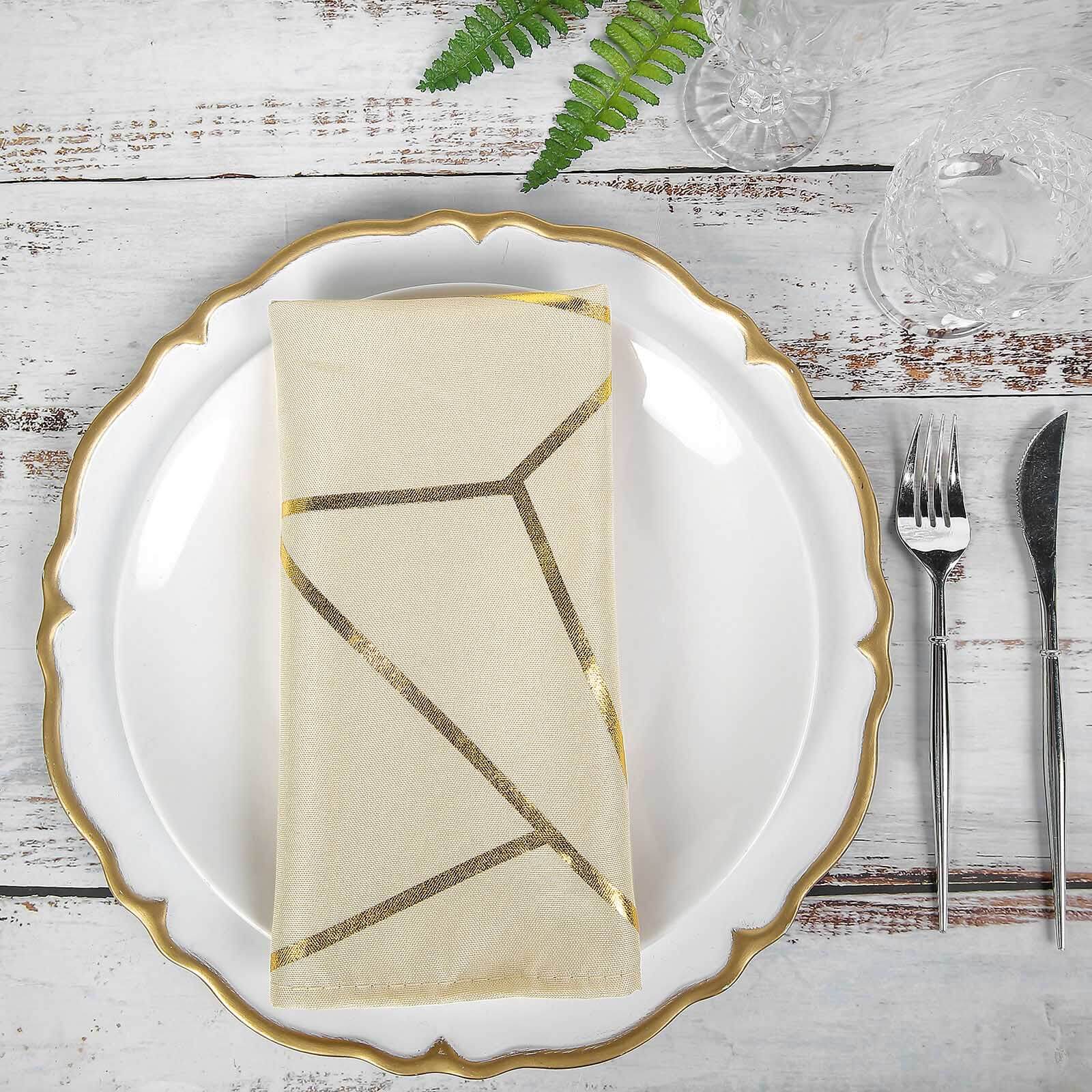 5 Pack Polyester 20"x20" Napkins Beige with Gold Geometric Foil Pattern - Modern Reusable Dinner Napkins