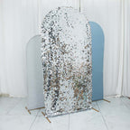 Set of 3 Dusty Blue Silver Round Top Fit Wedding Arch Frame Covers, Big Payette Sequin, Shimmer Tinsel and Matte Spandex Backdrop Stand Covers