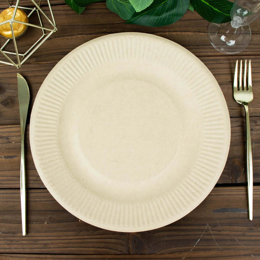 50-Pack Bagasse 10" Round Dinner Plates in Natural with Ribbed Rim - Eco Friendly Biodegradable Sugarcane Party Plates for Events