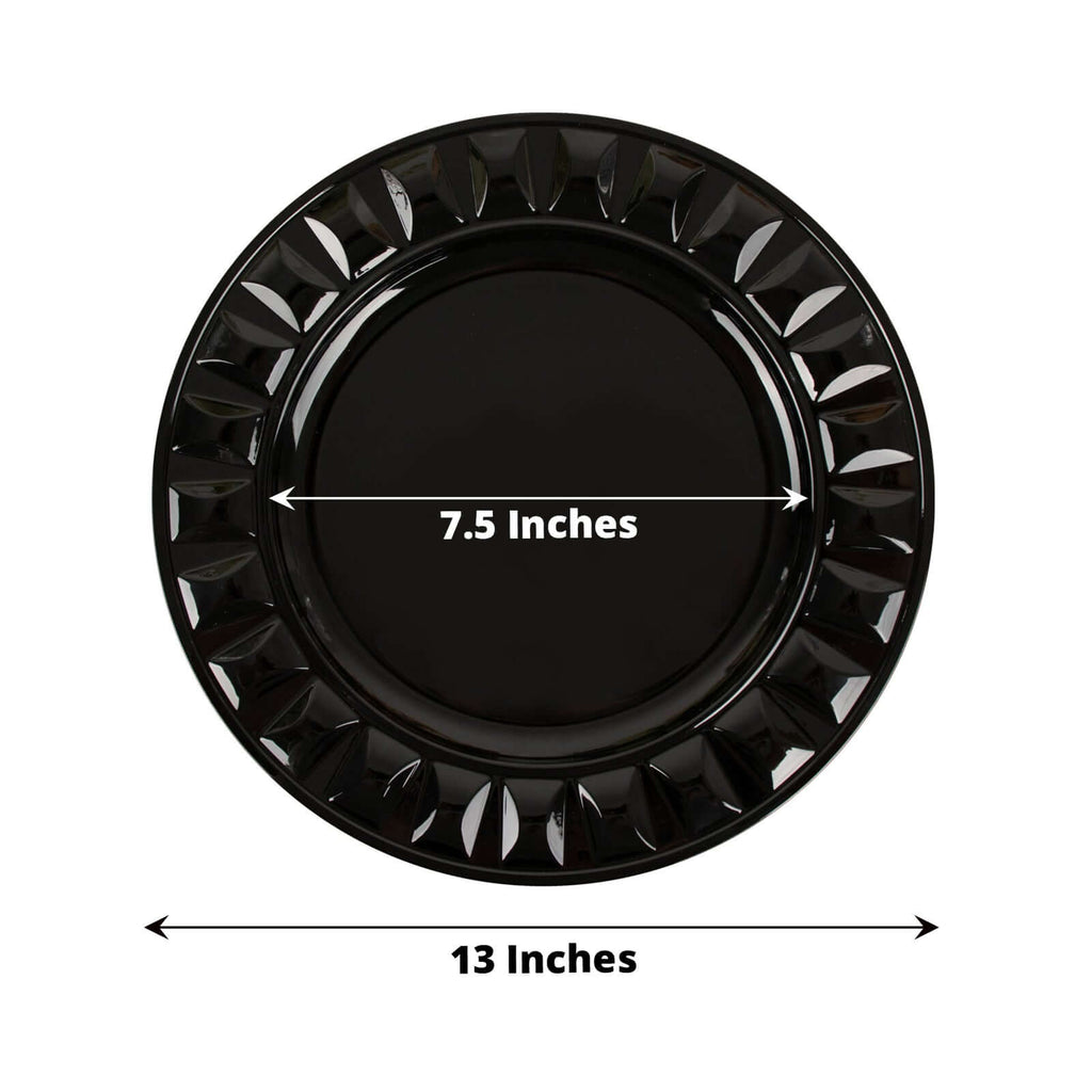 6-Pack Plastic Round Charger Plates 13" in Black with Bejeweled Rim, Luxe Decorative Dinner Party Charger Tableware