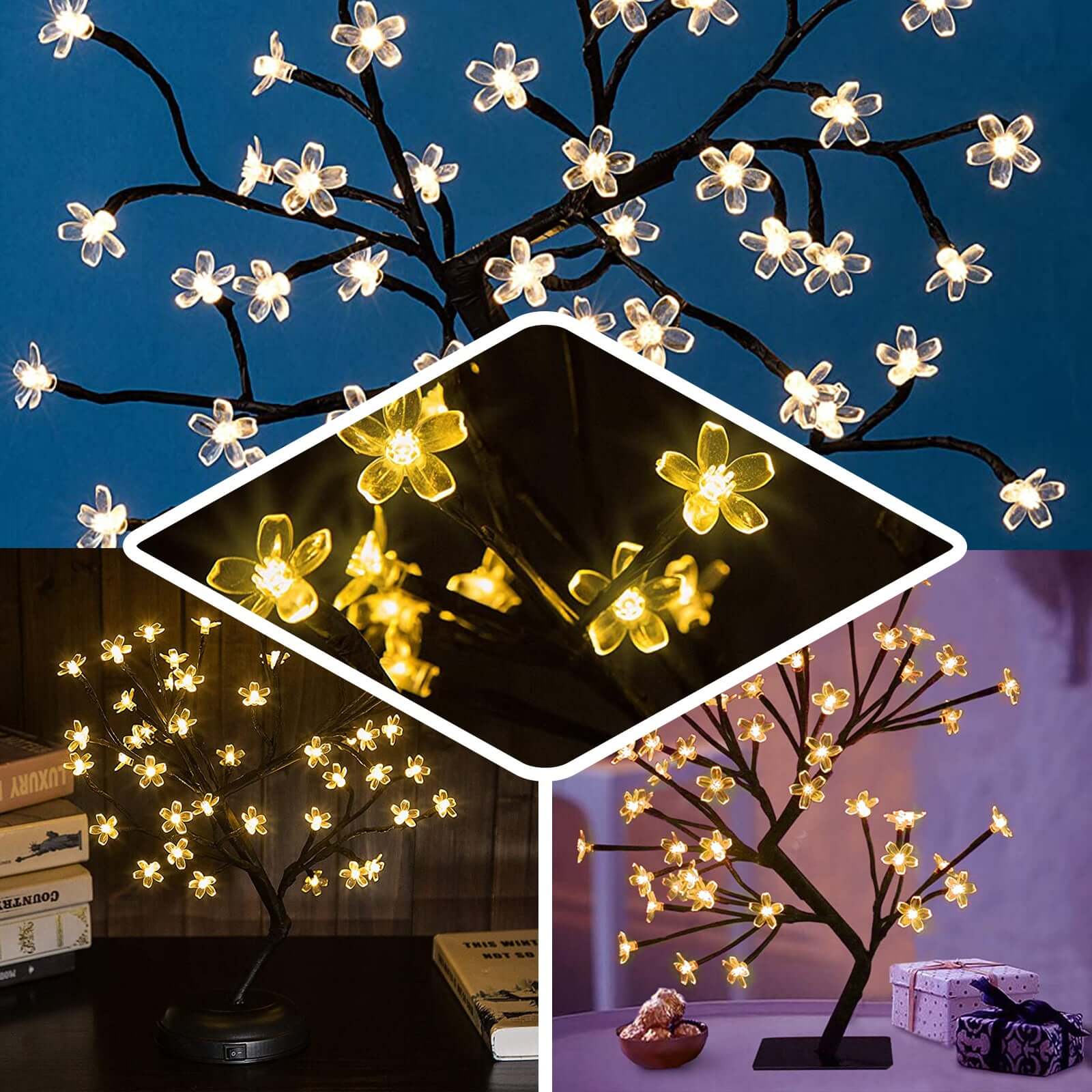 2-Pack Artificial Tree Centerpieces Cherry Blossom Design Black with 36 Warm White LEDs - Battery Operated Table DÃ©cor