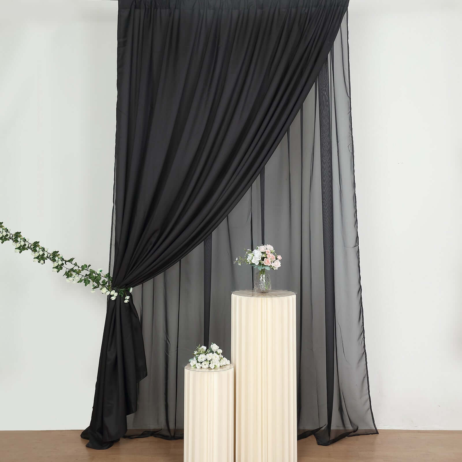Black Chiffon Polyester Event Curtain Drapes, Dual Layer Divider Backdrop Curtain Panels with Rod Pockets - 10ftx10ft - Bell Racket Store