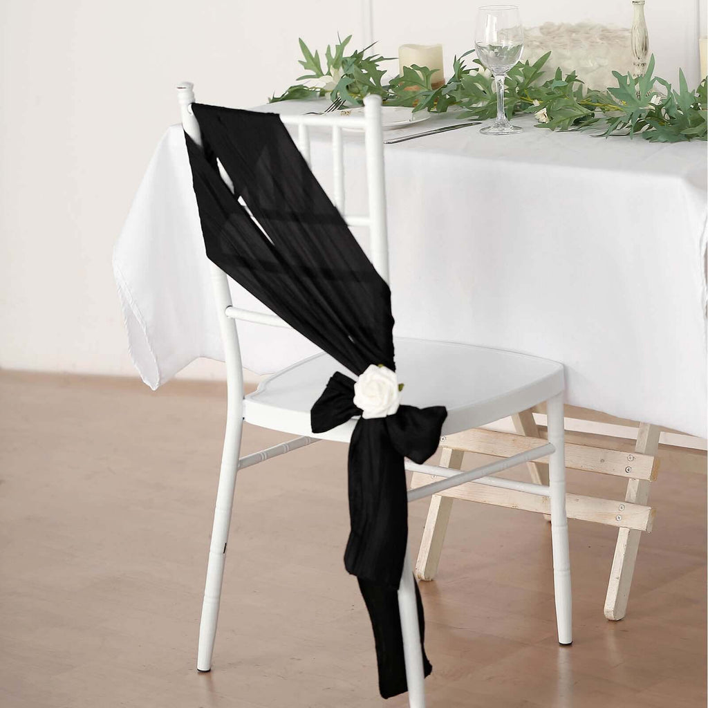5 Pack Taffeta 6"x106" Chair Sashes Black Accordion Crinkle Texture - Stylish Decor for Weddings & Gatherings