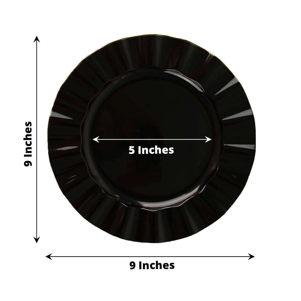 10-Pack Plastic 9" Round Dinner Plates in Black Ruffled Rim with Gold Edging - Sturdy Disposable Dinnerware
