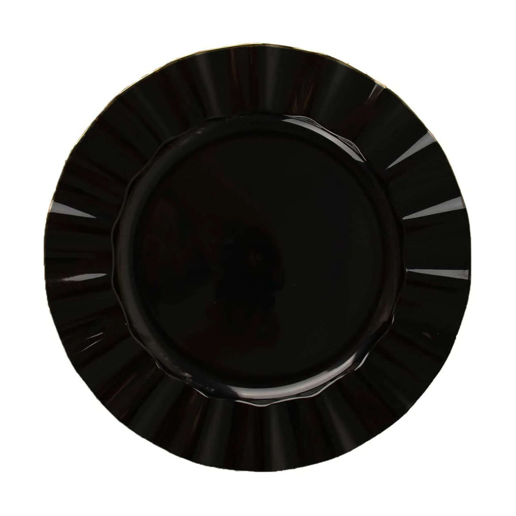 10-Pack Plastic 9" Round Dinner Plates in Black Ruffled Rim with Gold Edging - Sturdy Disposable Dinnerware