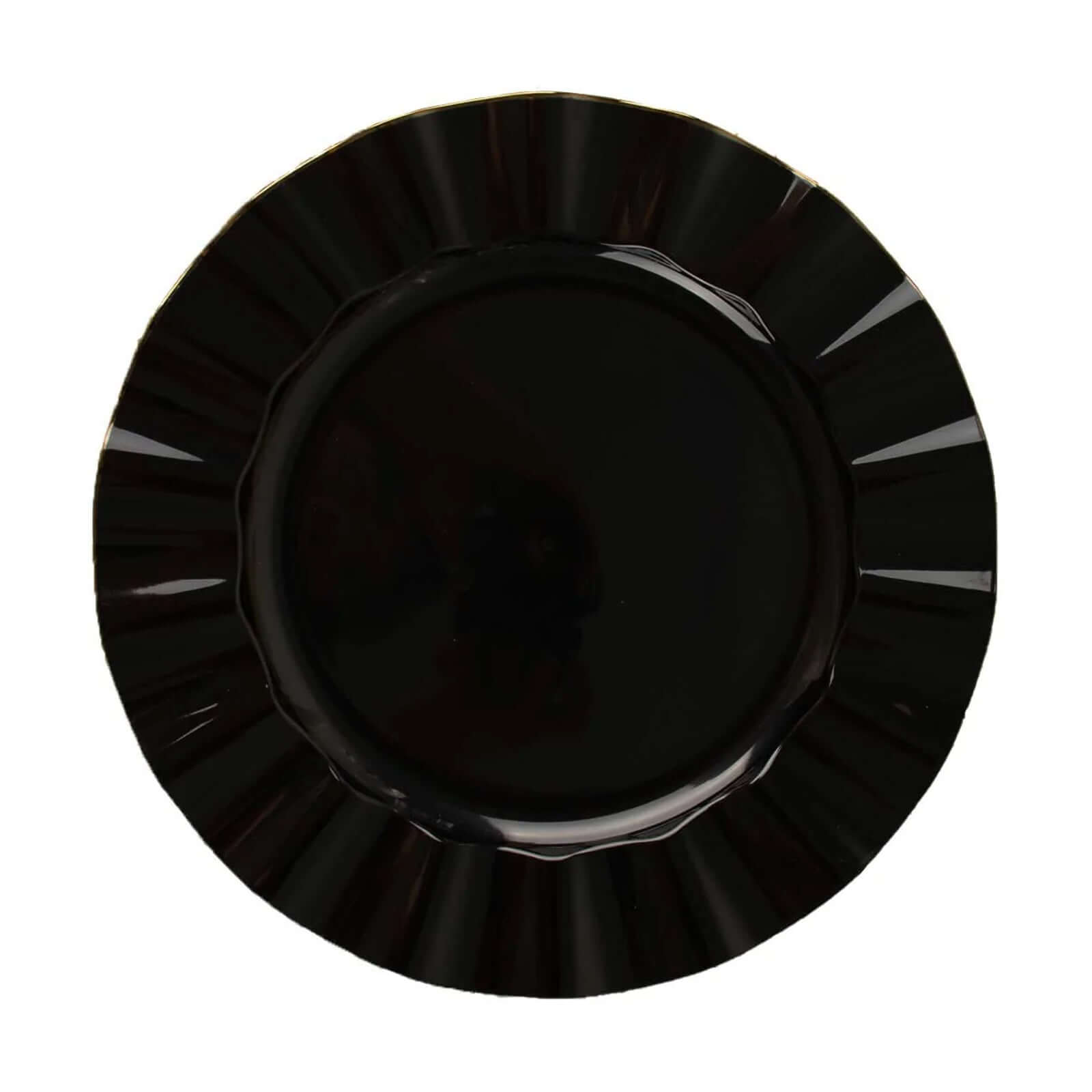 10-Pack Plastic 9" Round Dinner Plates in Black Ruffled Rim with Gold Edging - Sturdy Disposable Dinnerware