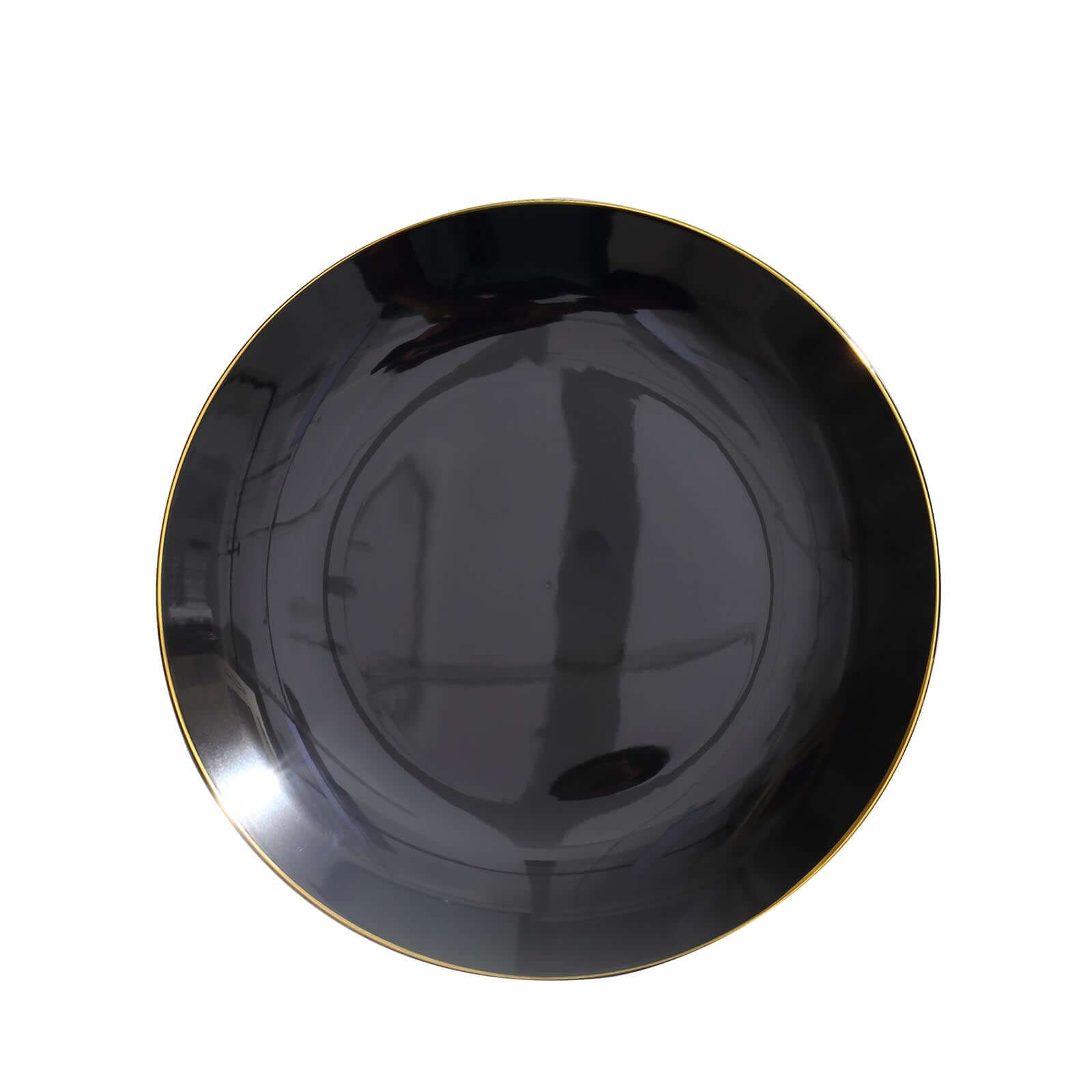 10-Pack Plastic 10" Round Dinner Plates in Black with Gold Rim - Glossy Disposable Party Plates