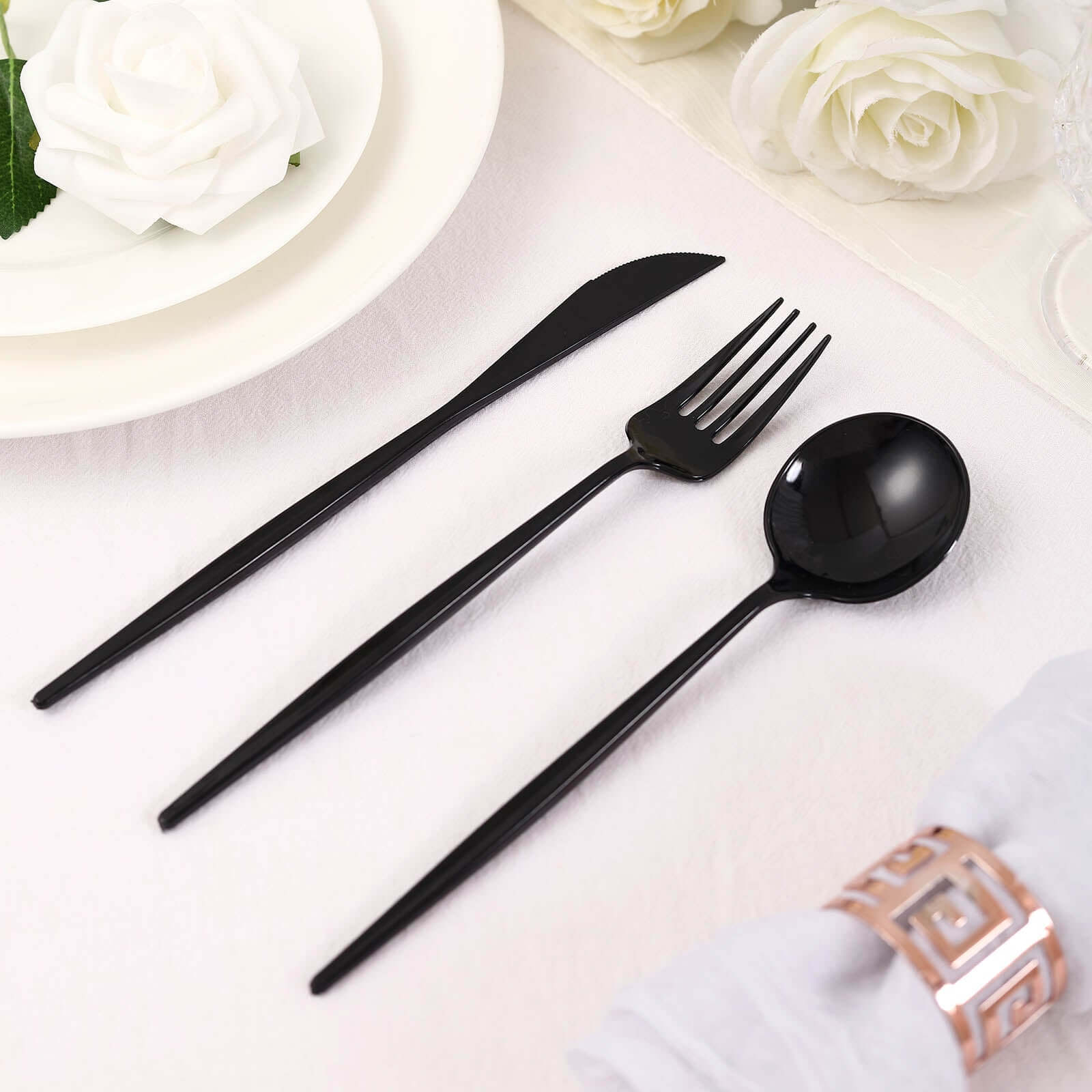 24-Pack Plastic Flatware Set with Sleek Modern Design Black - Premium Disposable Silverware 8"