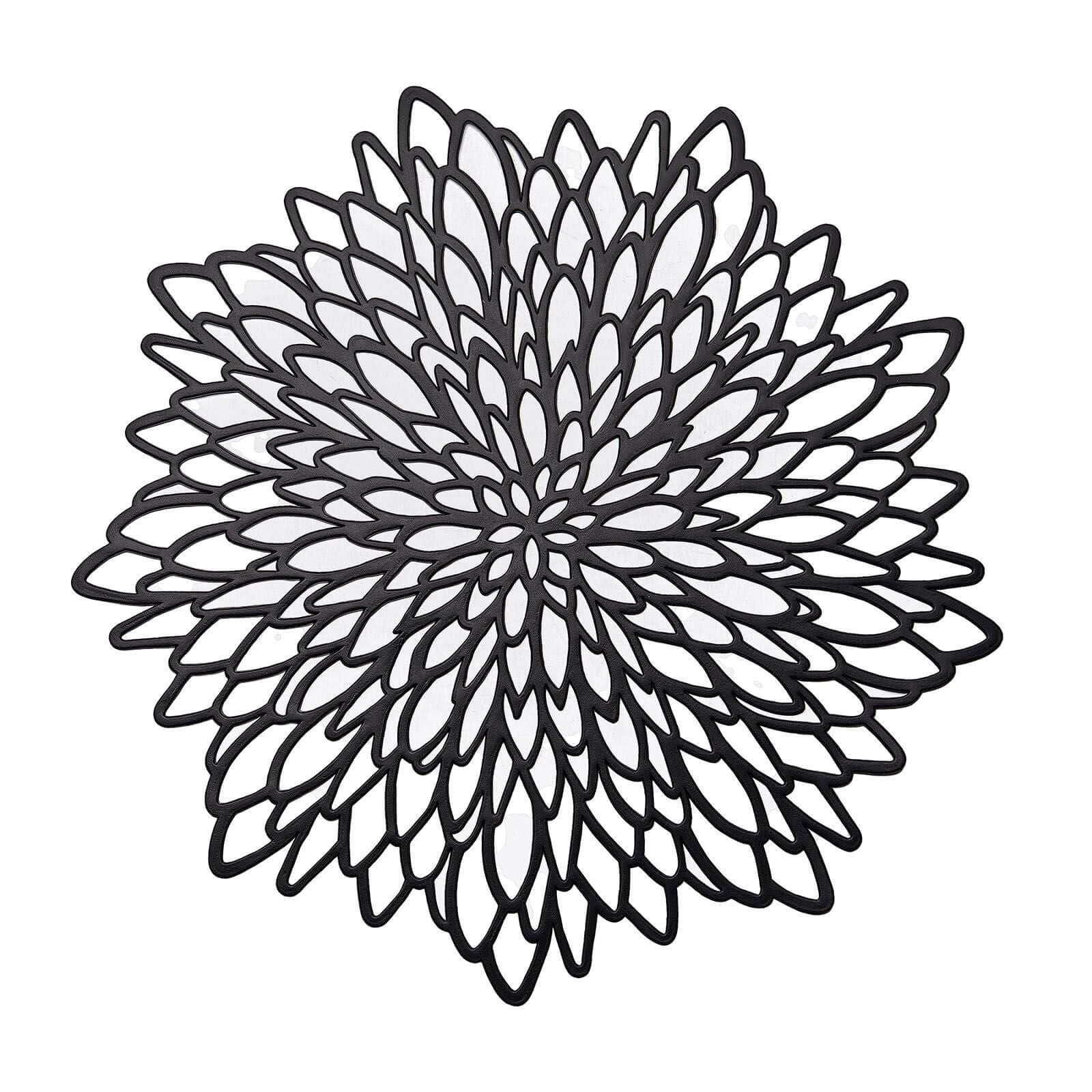 6-Pack Dining Table Mats Floral Design Black - Metallic Vinyl Round Non-Slip Mats for Tables 15"