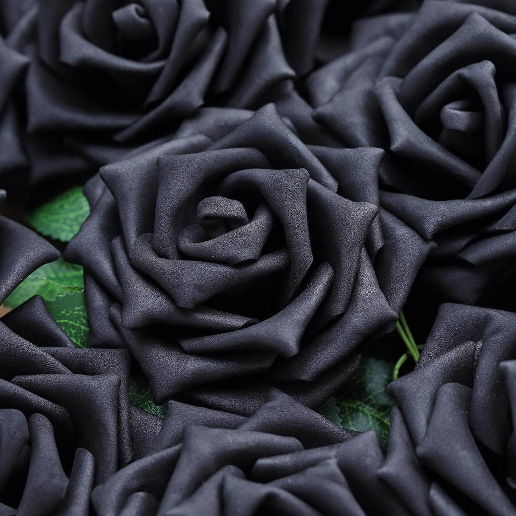 24 Roses 5" Black Artificial Foam Flowers With Stem Wire and Leaves