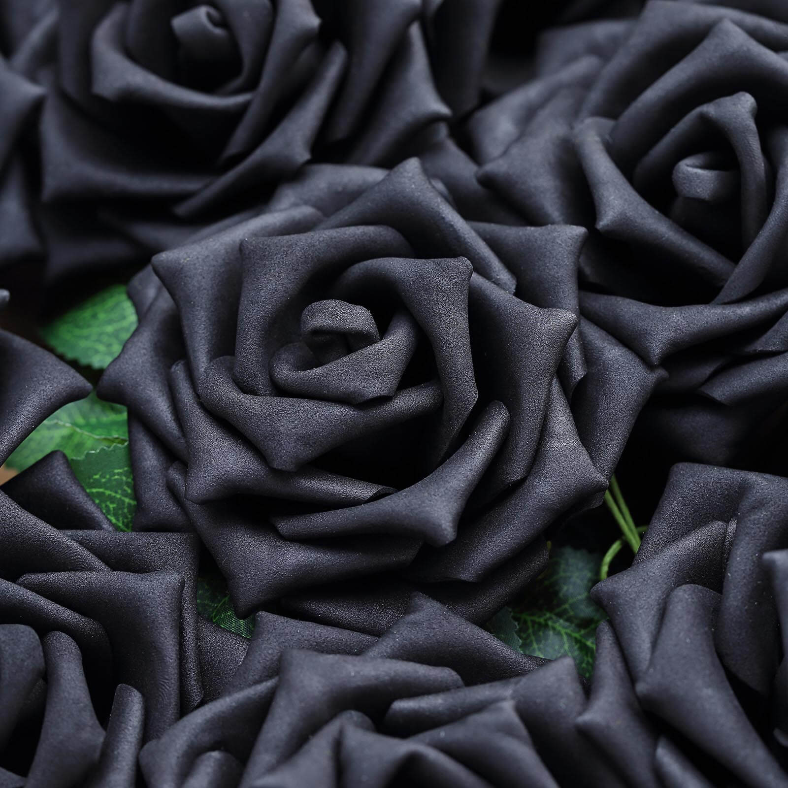 24 Roses 5" Black Artificial Foam Flowers With Stem Wire and Leaves