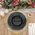 10-Pack Plastic 10" Dinner Plates in Black with Gold Scalloped Rim - Disposable Large Party Plates
