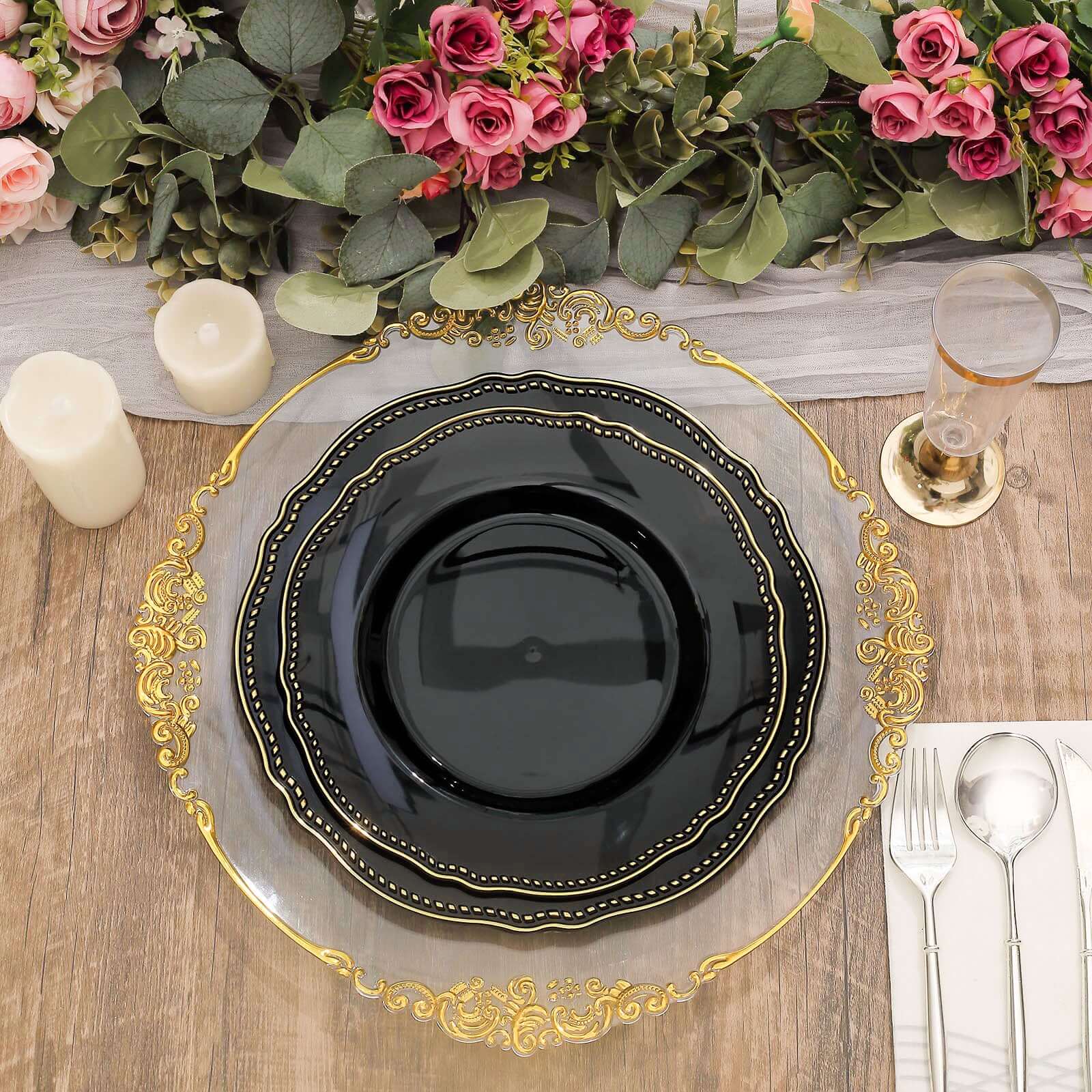 10-Pack Plastic 10" Dinner Plates in Black with Gold Scalloped Rim - Disposable Large Party Plates