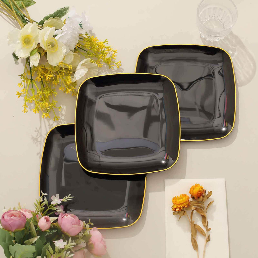 10-Pack Plastic 7" Square Dessert Plates in Black with Gold Rim - Classy Disposable Appetizer Salad Plates