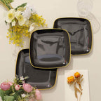 10-Pack Plastic 7" Square Dessert Plates in Black with Gold Rim - Classy Disposable Appetizer Salad Plates