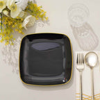 10-Pack Plastic 7" Square Dessert Plates in Black with Gold Rim - Classy Disposable Appetizer Salad Plates