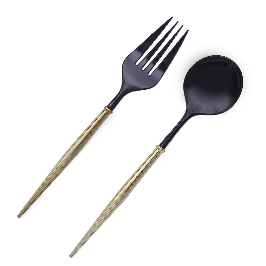 24-Pack Plastic Fork and Spoon Set Black/Gold - Heavy Duty Disposable Modern Utensils 6"