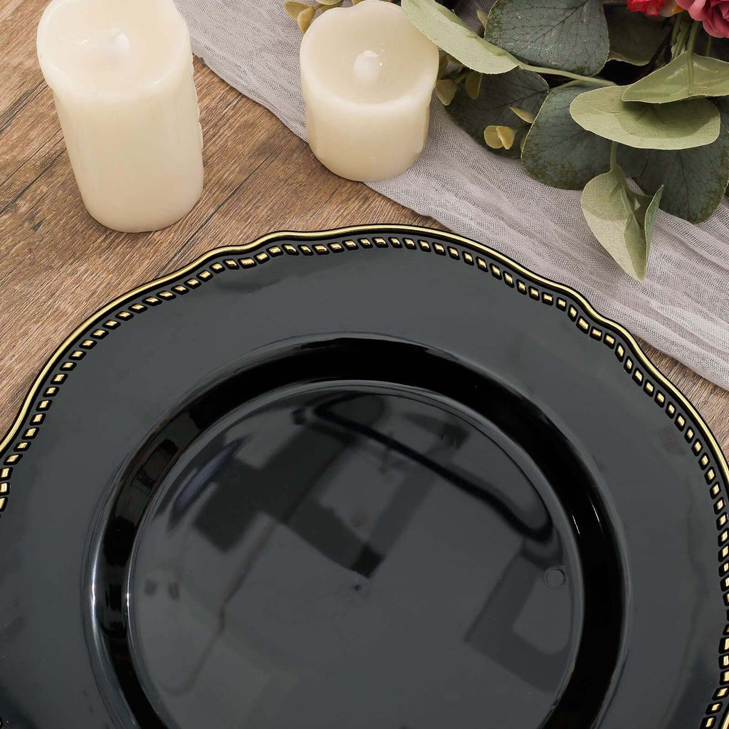 10-Pack Plastic 10" Dinner Plates in Black with Gold Scalloped Rim - Disposable Large Party Plates