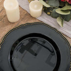 10-Pack Plastic 10" Dinner Plates in Black with Gold Scalloped Rim - Disposable Large Party Plates