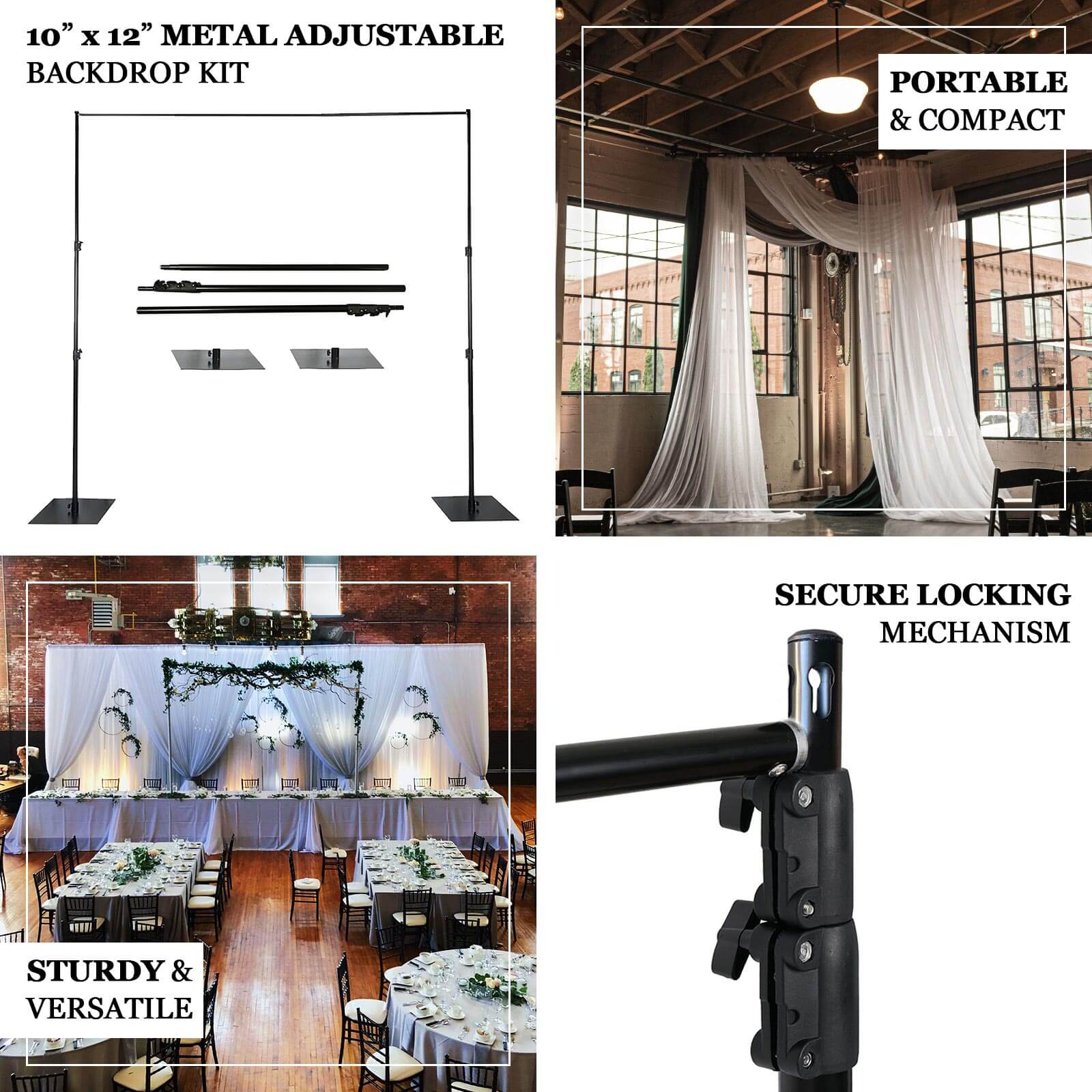 Black Heavy Duty Metal DIY Adjustable Backdrop Stand with Flat Steel Bases, Pipe and Drape Photography Background Stand - 10ftx12ft - Bell Racket Store