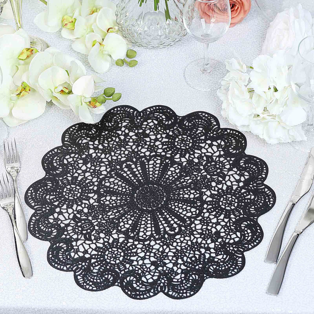 6-Pack Dining Table Mats Floral Lace Design Black - Vinyl Non-Slip Surface with Vintage Appeal 15"