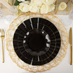 10-Pack Plastic 9" Round Dinner Plates in Black Ruffled Rim with Gold Edging - Sturdy Disposable Dinnerware