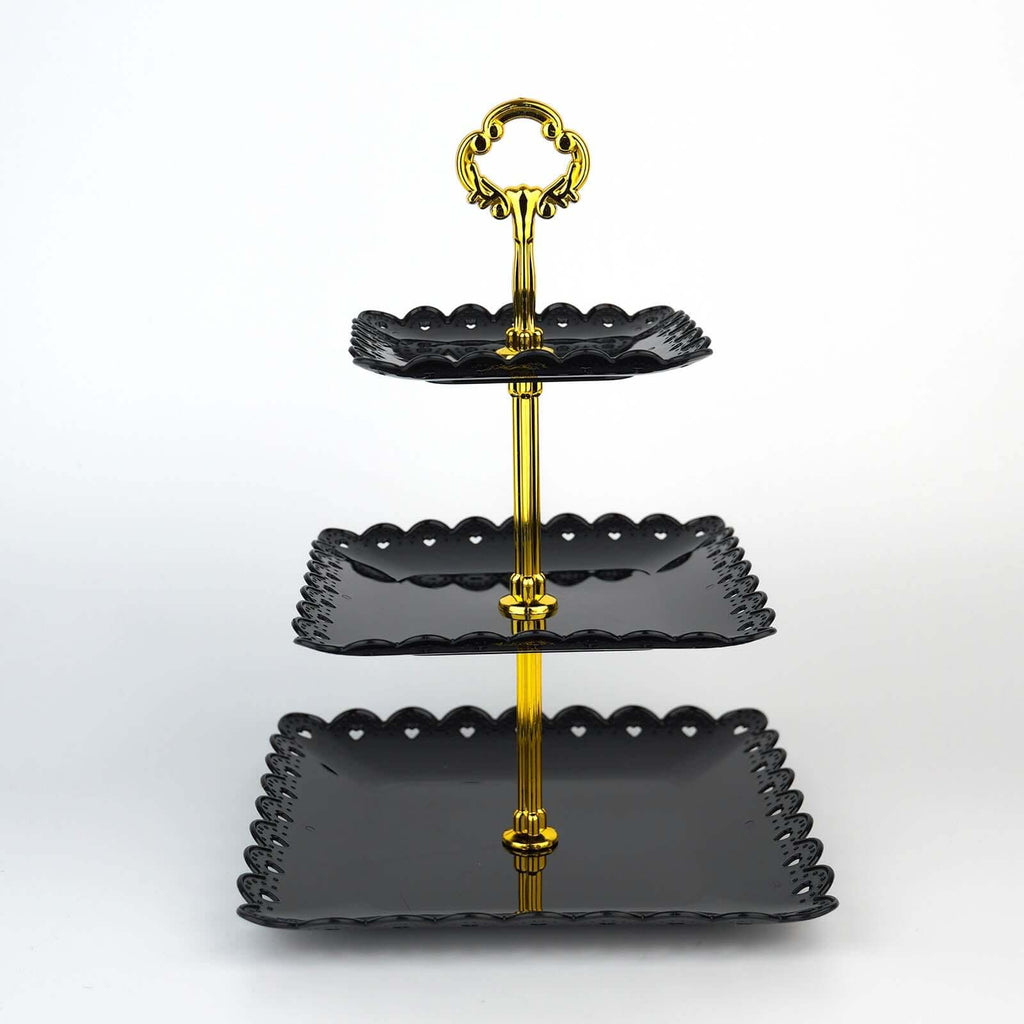 3-Tier Plastic Square Cupcake Stand Tower Black - Charming Disposable Dessert Display Serving Tray Platter with Heart Wavy Edge & Gold Top Handle for Tea Parties Weddings & Special Occasions 13"