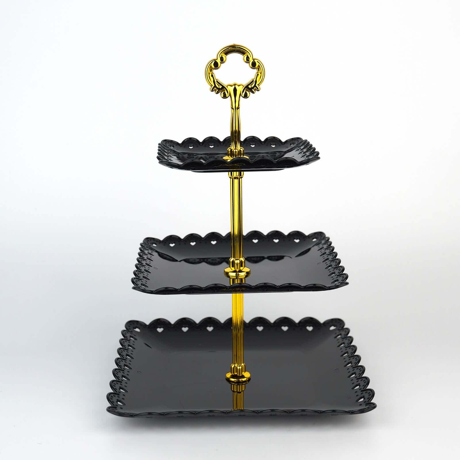 3-Tier Plastic Square Cupcake Stand Tower Black - Charming Disposable Dessert Display Serving Tray Platter with Heart Wavy Edge & Gold Top Handle for Tea Parties Weddings & Special Occasions 13"