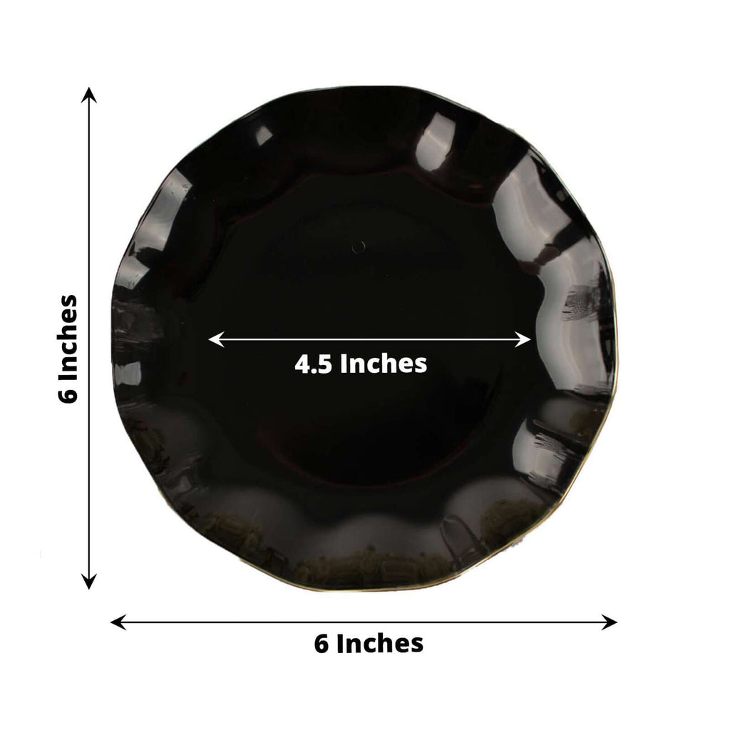 10-Pack Plastic Round 6" Dessert Plates in Black Ruffled Rim with Gold Edging - Sturdy Disposable Salad Appetizer Dinnerware