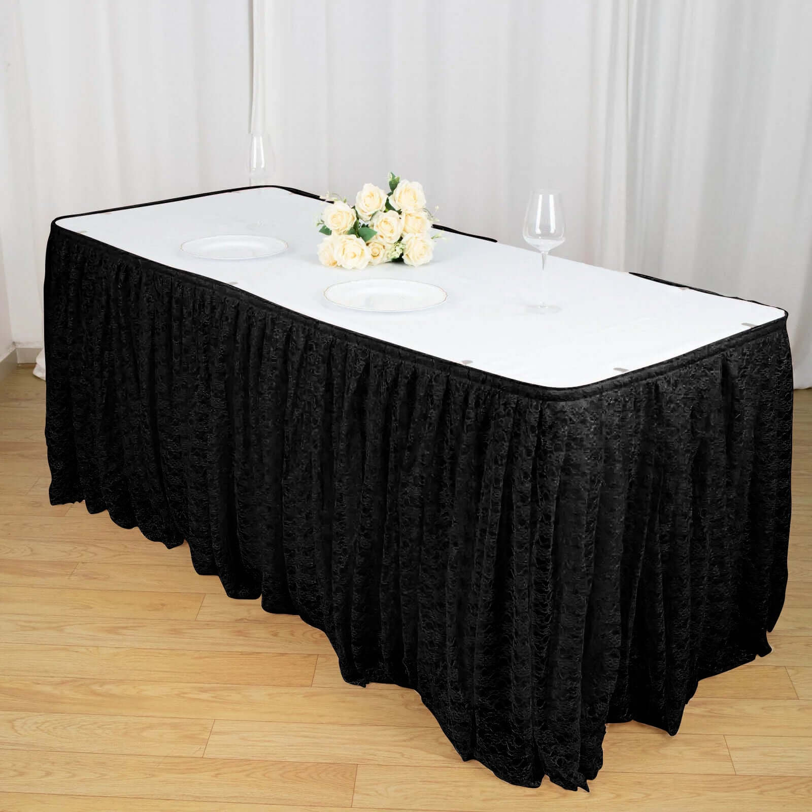 Lace 14ft Table Skirt Black Premium Pleated - Vintage Style for Parties