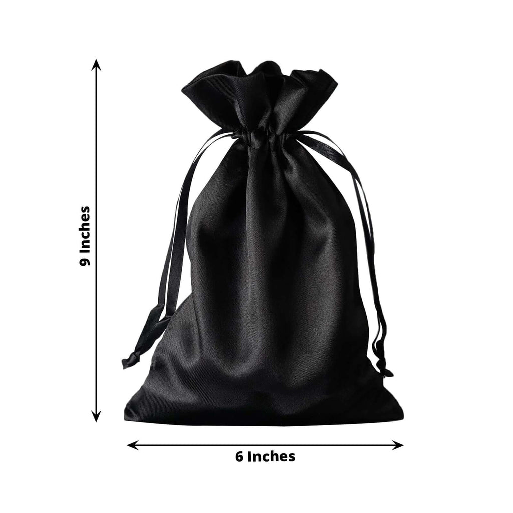 12 Pack 6"x9" Black Satin Drawstring Wedding Party Favor Gift Bags
