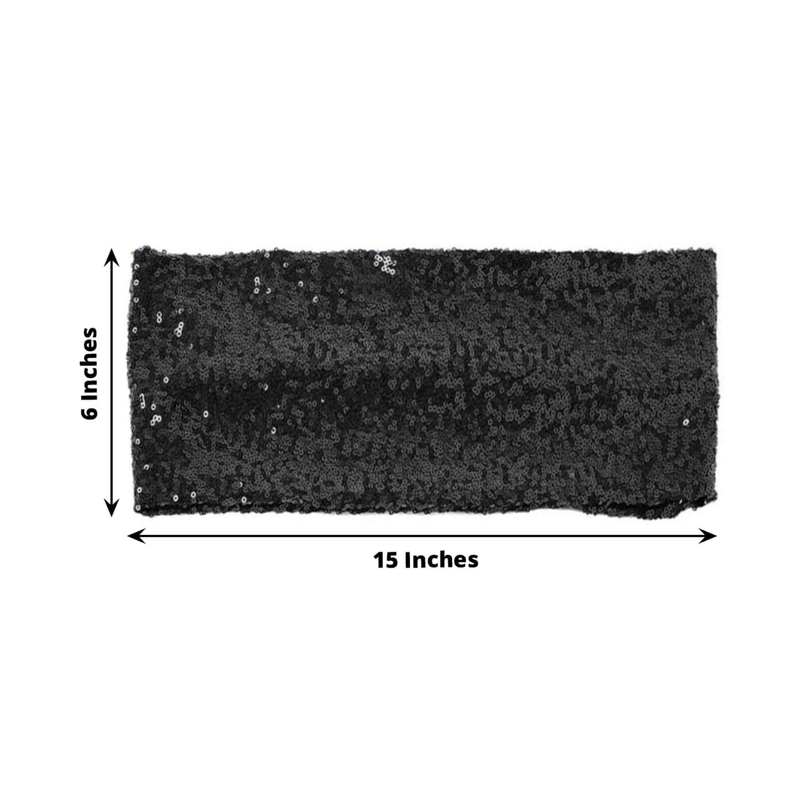 5 Pack Sequin Spandex Chair Sashes Black - Sparkly Stretch Chair Bands for Glamorous Events 6"x15"