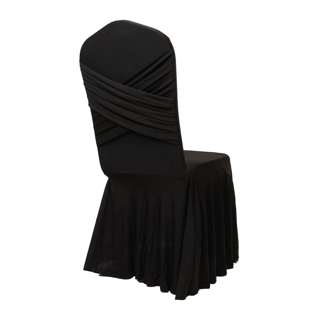 Black Spandex Banquet Chair Cover with Ruffle Skirt & Cross Back Sash â€“ Stretch Slipcover for Events - Bell Racket Store