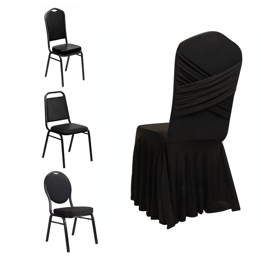 Black Spandex Banquet Chair Cover with Ruffle Skirt & Cross Back Sash â€“ Stretch Slipcover for Events - Bell Racket Store