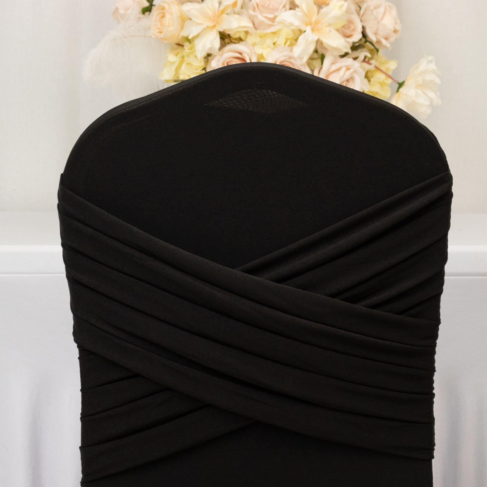 Black Spandex Banquet Chair Cover with Ruffle Skirt & Cross Back Sash â€“ Stretch Slipcover for Events - Bell Racket Store