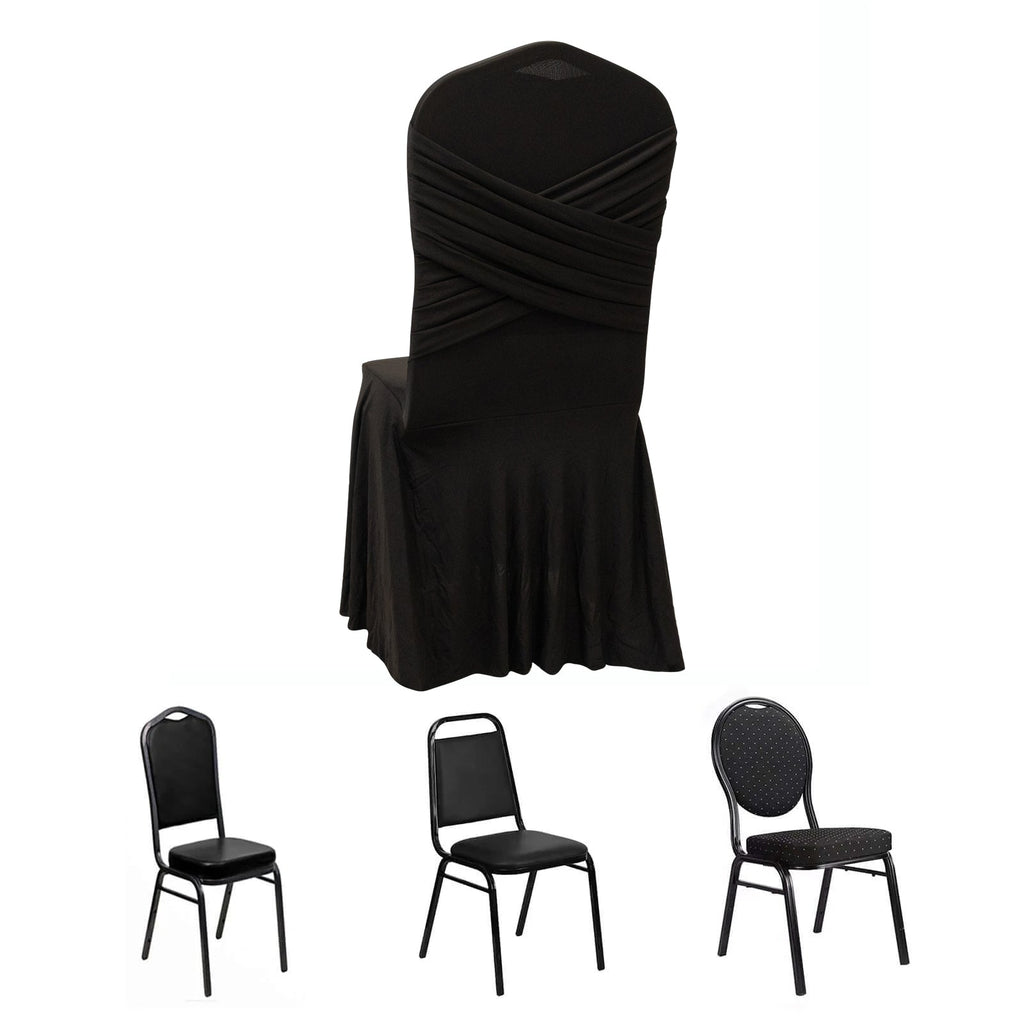 Black Spandex Banquet Chair Cover with Ruffle Skirt & Cross Back Sash â€“ Stretch Slipcover for Events - Bell Racket Store
