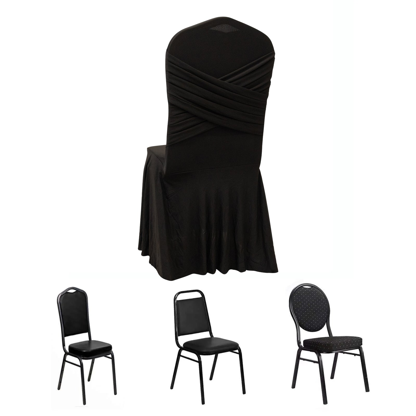 Black Spandex Banquet Chair Cover with Ruffle Skirt & Cross Back Sash â€“ Stretch Slipcover for Events - Bell Racket Store