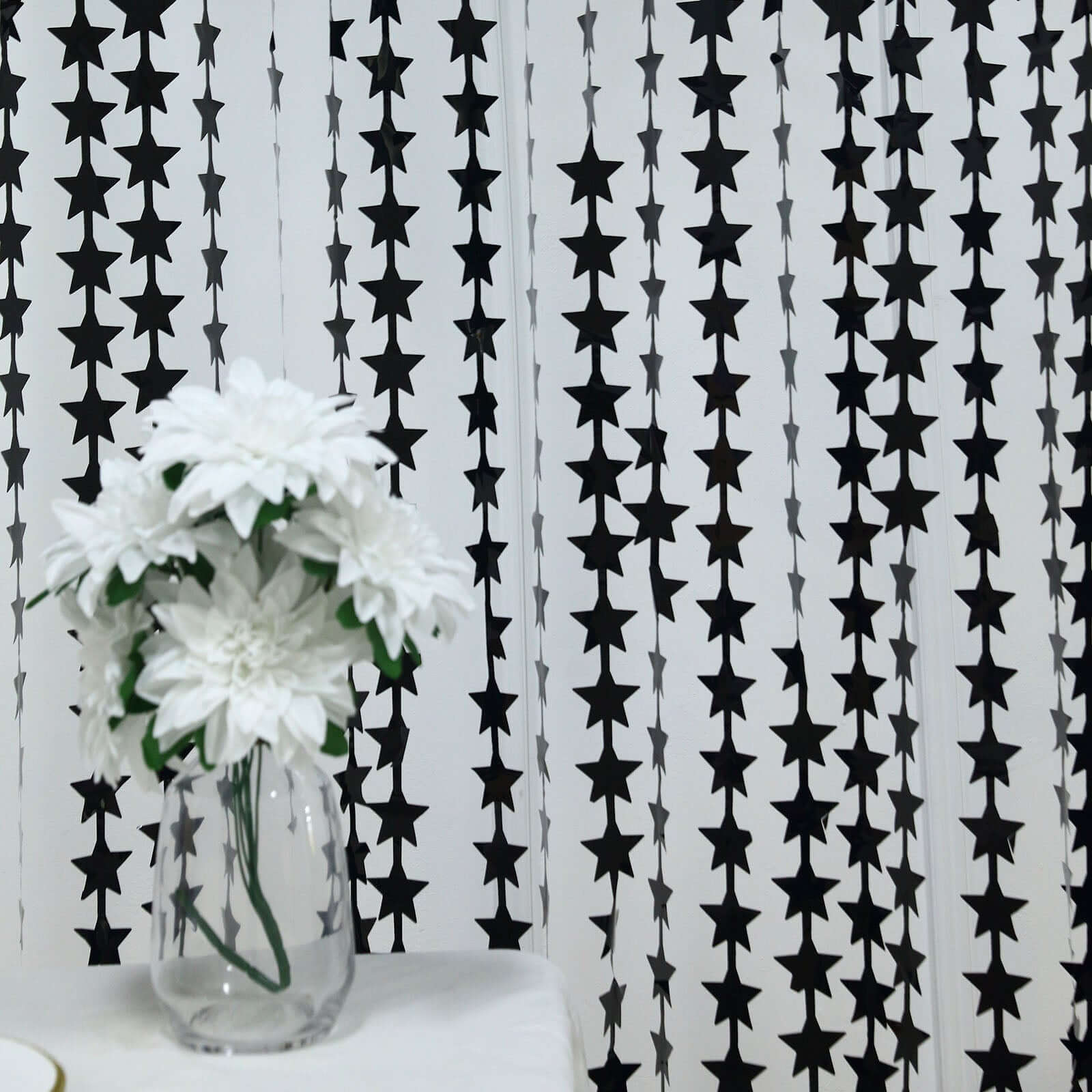 Black Star Chain Foil Fringe Curtain Party Backdrop, Metallic Black Tinsel Streamer Party Decor - Door Window Foil Curtain - 3ftx6.5ft - Bell Racket Store