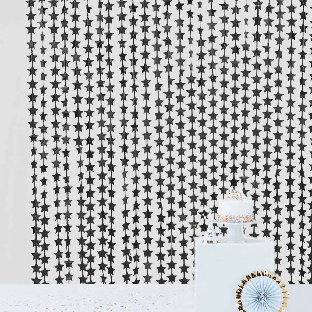 Black Star Chain Foil Fringe Curtain Party Backdrop, Metallic Black Tinsel Streamer Party Decor - Door Window Foil Curtain - 3ftx6.5ft - Bell Racket Store