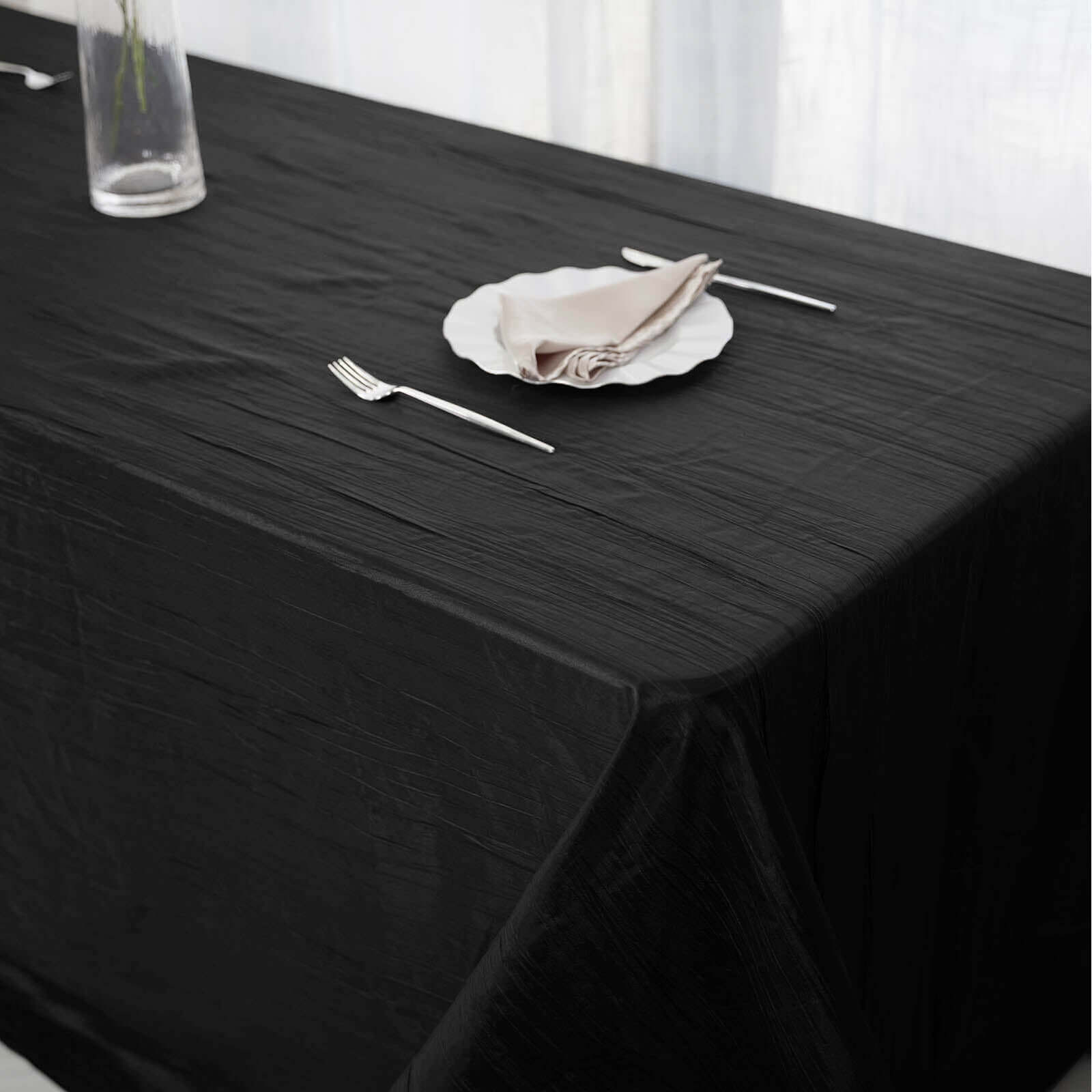 Taffeta 90"x156" Rectangle Tablecloth Black - Accordion Crinkle Seamless Table Cover