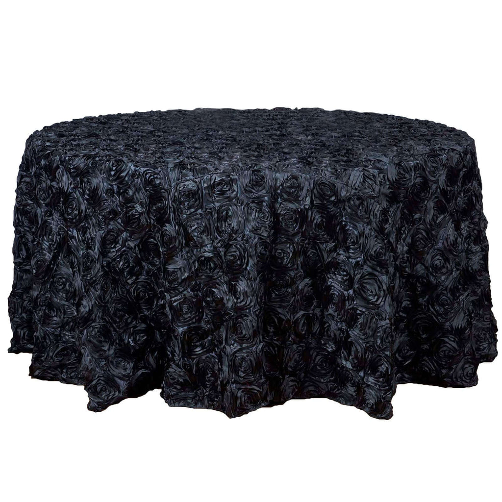 Satin 120" Round Tablecloth Black - Grandiose 3D Rosette with Seamless Finish Table Cover