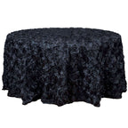 Satin 120" Round Tablecloth Black - Grandiose 3D Rosette with Seamless Finish Table Cover