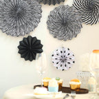 Set of 6 Black White Hanging Paper Fan Decorations, Pinwheel Wall Backdrop Party Kit - 8", 12", 16"