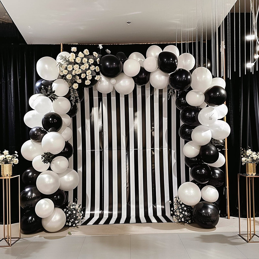 Black White Striped Satin Backdrop Curtain Drapery, Glossy Event Photography Background Room Divider Curtain Panel - 8ftx10ft - Bell Racket Store